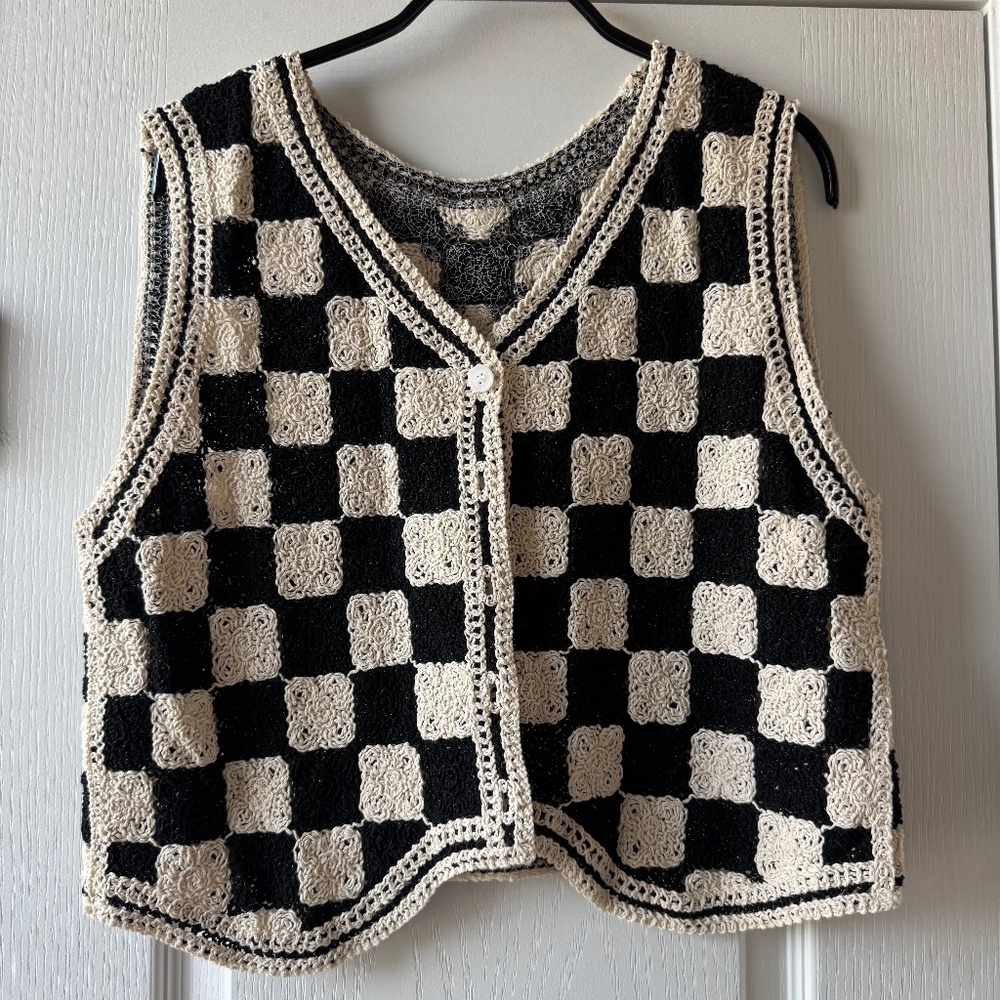 Amazon Handmade Crochet Checkerboard Vest – Black & Cream – Size M